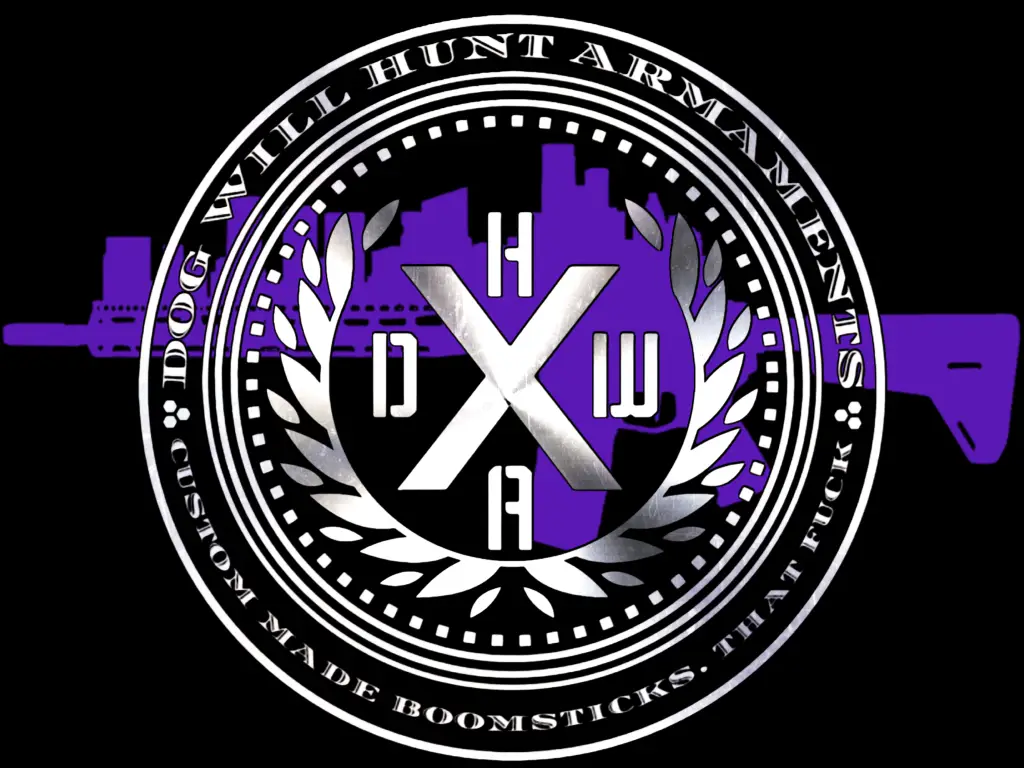Dog Will Hunt Armaments company seal w/ HOU-15 background